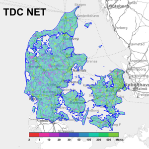5G dækningskort over Danmark, der viser TDC NETs omfattende 5G-netværk.